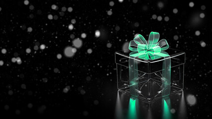 Glowing gift box with green bow and ribbon on a black background with falling snow. Christmas illustration with copy space.