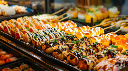 street snacks in Japan, such as takoyaki or okonomiyaki, which tempt the taste buds - obrazy, fototapety, plakaty