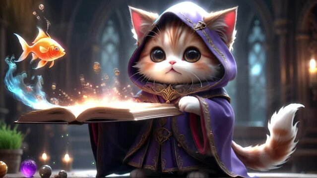 A kitten in a purple cape holds a spell book and summons a goldfish in the library