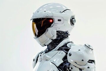 White cyborg robot dressed in a white cyberpunk futuristic racing suit, the robot wears a white futuristic helmet, plain white background
