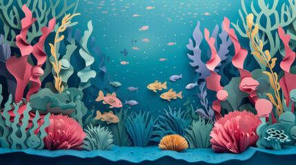 Obraz na płótnie Canvas Underwater world in paper-cut style, featuring vibrant marine plants and schools of fish