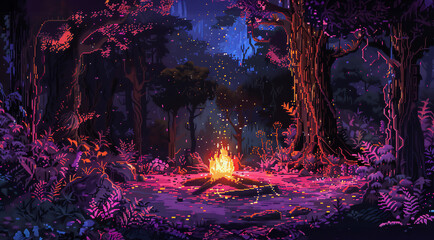 Illustrate a unique perspective of a holographic campfire set amidst a dense forest using pixel art Show the fusion of futuristic technology in a traditional setting with intricate details and vibrant