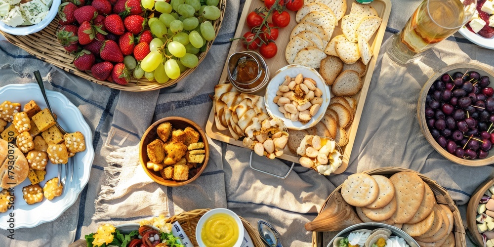 Wall mural A picnic blanket spread with a variety of finger foods and snacks for Memorial Day.  - Wall murals