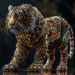 Fototapeta premium Ornately Patterned Thai Inspired Tiger in Graceful Powerful Pose Digitally Rendered 3D