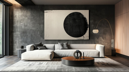 Contemporary living room featuring a large abstract wall art piece above a minimalist sofa, enhancing the modern aesthetic of the space.
