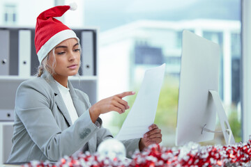Christmas hat, business and woman with document, stress and reading with burnout, overworked and...