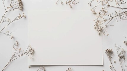 A minimalist illustration showing a top view of blank white paper with a subtle arrangement of dry daisies placed around the edges