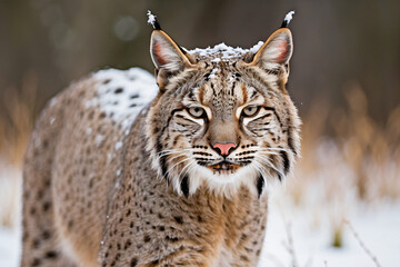 Fototapeta premium bobcat standing in snow covered meadow