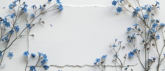 A soft and simple illustration of a blank white paper with dry forget-me-nots loosely arranged around the perimeter