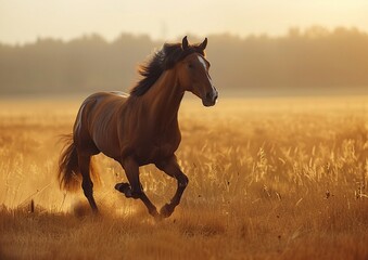 Obraz premium A horse galloping across a vast, sun-kissed field.