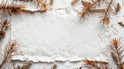 A minimalist illustration of blank white paper with scattered dry pine needles creating a rustic border