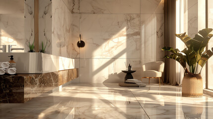 Designer bathroom showcasing a marble vanity against a backdrop of large marble tiles, reflecting sophistication and clean lines.