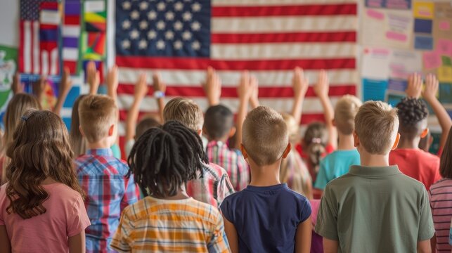 A group of students pledging allegiance to the American flag in a classroom. 