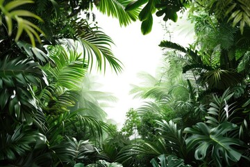 Mysterious depths of a dense jungle, alive with the calls of exotic creatures hidden among the foliage, isolated on pure white background. - obrazy, fototapety, plakaty