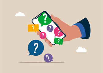 Question mark sign in speech bubbles fall from a smartphone. Lot of questions.  Vector business people character illustration. 