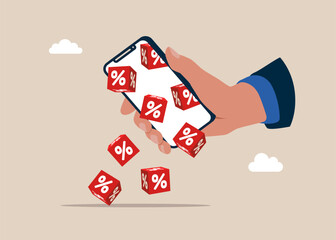 Cube block with percentage icons fall from a smartphone. Interest, financial and mortgage rates. Flat vector illustration. 