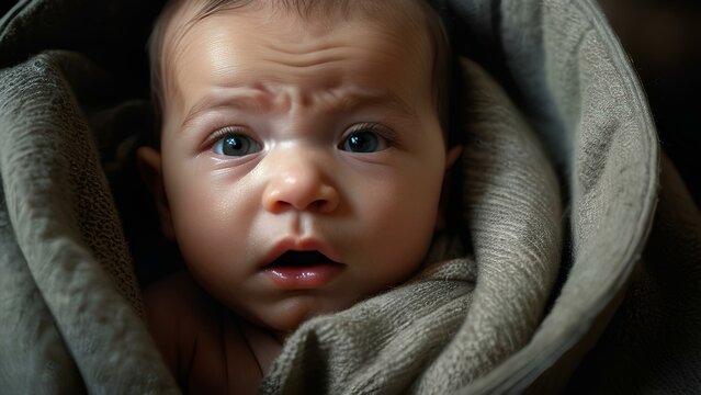 Sad newborn baby with raised eyebrows and teary eyes, highly emotional portrait