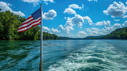 An American flag flying on a boat during a summer boating trip.  - Powered by Adobe