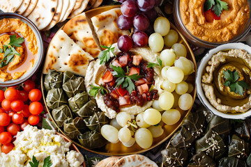 An overhead view of a complex Turkish mezze platter, featuring an assortment of small dishes like stuffed grape leaves, hummus, baba ganoush, and fresh pita bread