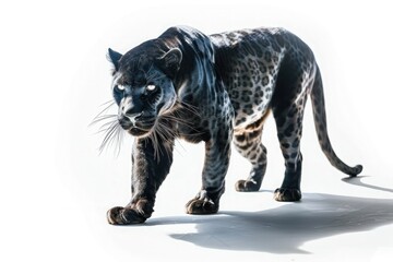 Naklejka na ściany i meble Mysterious allure of a lone black panther, its piercing eyes glinting in the dappled sunlight of the jungle, isolated on pure white background.