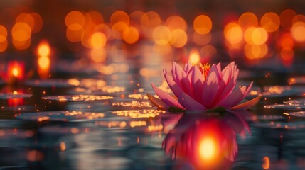 Serene water lily on a tranquil lake with golden sunset reflection