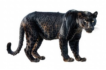 Mysterious allure of a lone black panther, its piercing eyes glinting in the dappled sunlight of the jungle, isolated on pure white background.