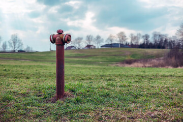 Rusty fire hydrant in a field with green grass.