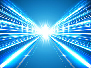 A blue and white image of a road with a bright light shining through the sky. Concept of motion and energy, as if the viewer is looking through a tunnel or a tunnel-like structure