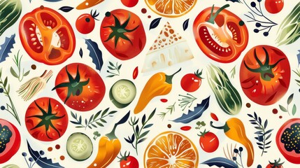 a fresh food collection featuring an assortment of tomatoes, parmesan, peppers, artichokes, and cucumbers, beautifully depicted in flat design and seamlessly tiled for a captivating visual display.