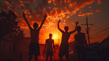 The friends raised their hands in the air as the sun set behind them, casting a warm glow over the scene.