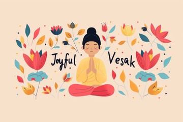 Joyful Vesak celebration illustration with buddha and colorful flowers