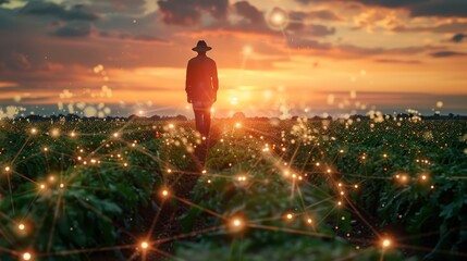 A farmer stands in the midst of a field at sunset, surrounded by a network of glowing, interconnected points symbolizing agricultural technology.