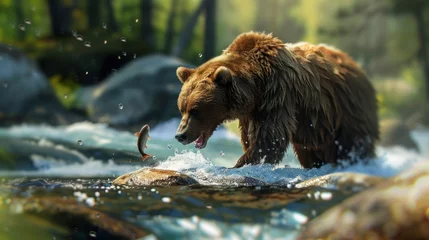Fototapeten BEAR hunting fish in a river during the day in high resolution and quality © Marco