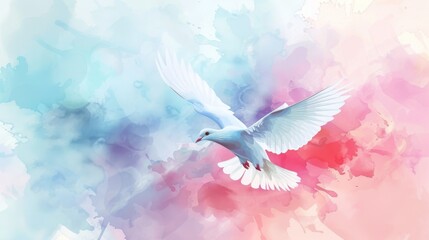 Majestic white dove flying against vibrant watercolor sky