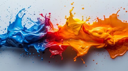 Vibrant splash of blue, red, yellow, and Orange paint on a glossy surface