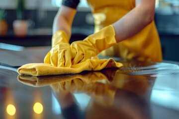 Female cleaner close-up, hands are in protective yellow gloves, housewife, woman polishing table top with cloths, professional cleaning service working - obrazy, fototapety, plakaty