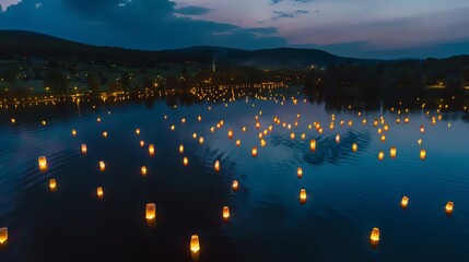 Fototapeta na wymiar Tranquil evening with floating lanterns on a serene lake