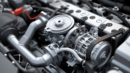 Fototapeta premium High-resolution 3D render of a car engine, components separated slightly to showcase the intricate internal mechanics and design precision.