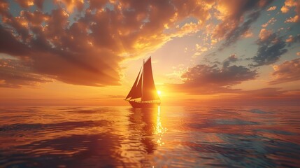 A beautiful painting of a sailboat at sunset with a cloudy sky. - obrazy, fototapety, plakaty