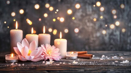 Serene candlelight display with sparkling lights and floral accents