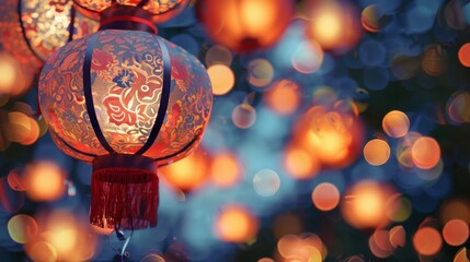 Festive red Chinese lanterns illuminated at night with vivid bokeh background