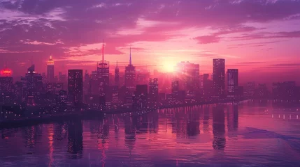 Foto op Canvas A beautiful sunset over a city with skyscrapers. The sky is a gradient of purple and pink, and the sun is a bright yellow. The city is reflected in the water below. © Rattanathip