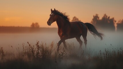 A beautiful wild horse stallion runs through a foggy field at sunrise. - obrazy, fototapety, plakaty