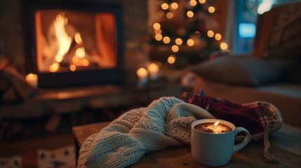 coffee on the table with fire place 