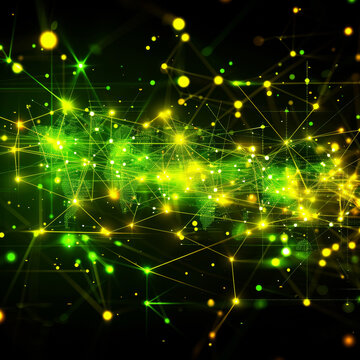 A green image of a network of stars with a globe in the middle