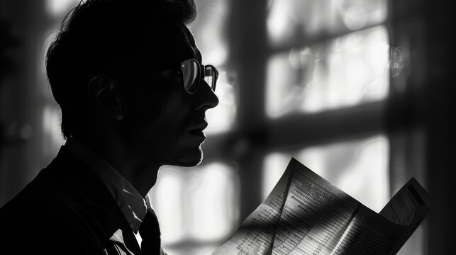 A black and white photo of a man reading a newspaper with a serious expression on his face.