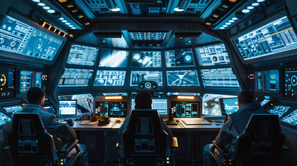 Interior of a spacecraft control room with astronauts monitoring 3D orbital maps and system diagnostics, emphasizing strategic space exploration.