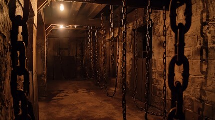 A dark basement with chains on the walls, dimly lit, foreboding atmosphere