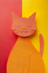 A quirky cutout of a relaxed cat in front of a minimal abstract background of light red and yellow colors. The composition follows the rule of thirds