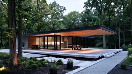 A modern pavilion set in a tranquil forest, designed with clean lines and an uncluttered aesthetic to highlight simplicity in architecture